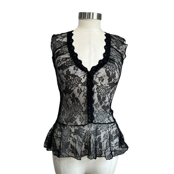 Jewels Y2K Black Lace Peplum Top S Sheer Goth Whimsigoth Fairy Grunge Retro - Picture 1 of 6